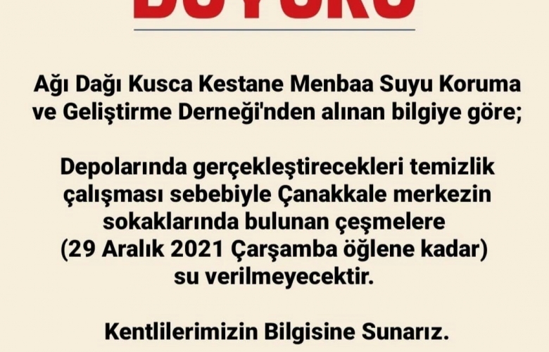 TATLI SU ÇEŞMELERİ ÇARŞAMBA GÜNÜ ÖĞLEN SAATLERİNE KADAR HIZMET DIŞI KALACAK