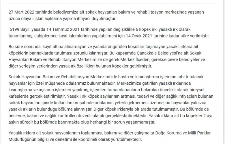 ÇANAKKALE BELEDİYESİ’NDEN BARINAKTA YAŞANAN ÜZÜCÜ OLAY İLE İLGLİ AÇIKLAMA