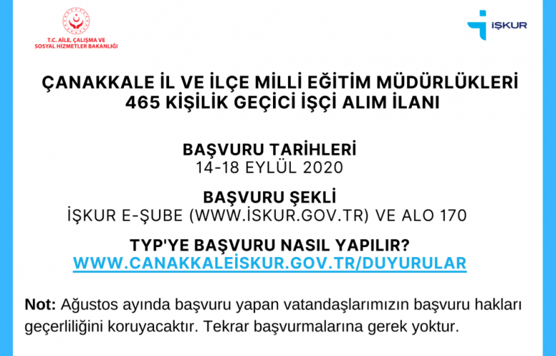 TYP KAPSAMINDA ÇANAKKALE İL VE İLÇE MİLLİ EĞİTİM MÜDÜRLÜKLERİNE 465 KİŞİ ALINACAK