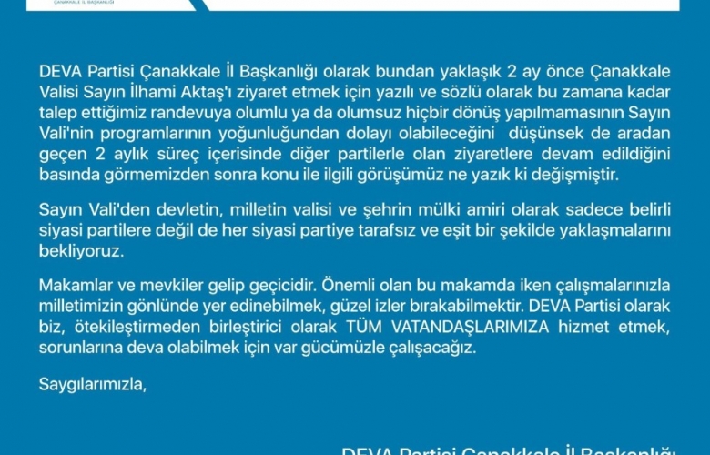DEVA PARTİSİNDEN VALİ AKTAŞ’ A RANDEVU TEPKİSİ